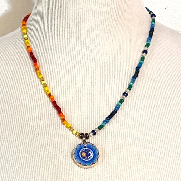 Handmade Rainbow Moon & Sun Yin & Yang Fimo Polymer Clay Seed Bead Boho Necklace - Picture 2 of 7